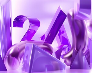 Poster - 3d render of abstract shapes in purple and light violet, creating an aesthetic background with soft gradients. The composition features multiple geometric forms overlapping to form the letters 