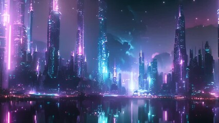 Aufkleber - A modern cityscape with neon lights shining on the water, creating a futuristic reflection of buildings and colors.