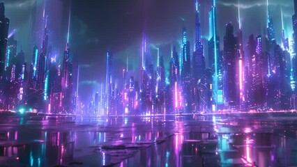 Poster - A city with neon lights illuminating the skyline, their reflections shimmering on the water below.