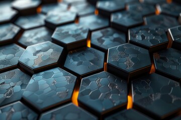 Poster - This digital art presents a sophisticated and detailed blue hexagonal pattern with a sense of depth through shading and lighting