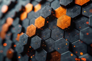 Poster - Dark background with hexagonal pattern, highlighted by orange tones that give a sense of depth and dimension