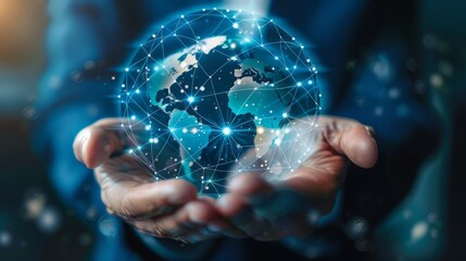 Aufkleber - Businessman hand holding global network connection, Technology for business intelligence concept, Digital link tech, Comprehensive digital communication technology around the world.