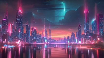Aufkleber - A modern cityscape with neon lights reflected in the water, creating a futuristic and vibrant scene.