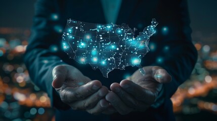 Aufkleber - Businessman on blurred background using globe network hologram with America Usa map 3D rendering
