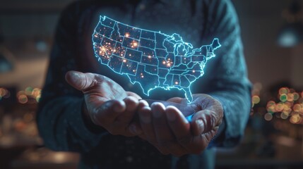 Poster - Businessman on blurred background using globe network hologram with America Usa map 3D rendering