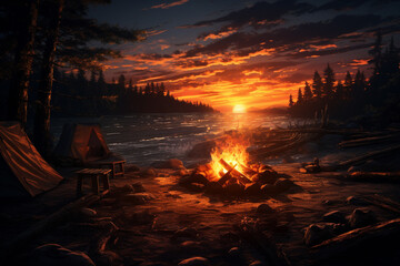 Wall Mural - A cozy campfire blazing against the backdrop of a stunning sunset, casting flickering shadows on the ground