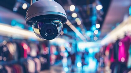 Aufkleber - Close-up of a dome-shaped CCTV camera installed in a retail store, deterring theft and vandalism.