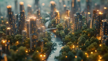 Aufkleber - A modern cityscape with advanced architecture and a flowing river cutting through it under a clear sky.