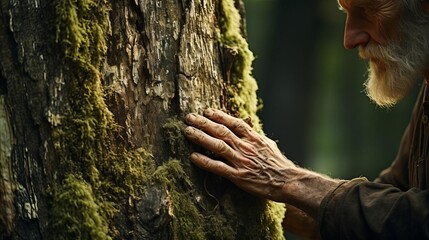 A wise old man touches the bark of an ancient tree, feeling the connection to nature and the wisdom of the ages.