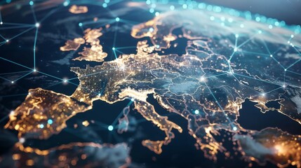 Aufkleber - Communication technology with global internet network connected in Europe. Telecommunication and data transfer european connection links. IoT, finance, business, blockchain, security.