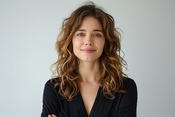 Wall Mural - Happy smiling adult age 50 years old female manager portrait looking at camera. Closeup headshot of sophisticated business woman isolated on grey background advertising products