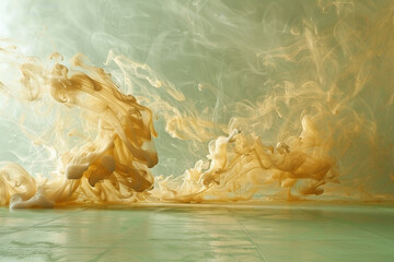 Wall Mural - Radiant gold smoke abstract background wafts over a pale green floor.