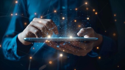 Aufkleber - Customer Relationship Management, Businessman use tablet with global structure customer network technology, Data exchanges development. customer service, social media. digital marketing online