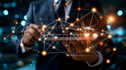 Aufkleber - Customer Relationship Management, Businessman use tablet with global structure customer network technology, Data exchanges development. customer service, social media. digital marketing online.
