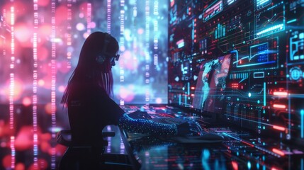 Aufkleber - Digital technology, internet network connection, big data, digital marketing IoT internet of things. Woman using modern computer surfing internet futuristic metaverse, innovative technology background