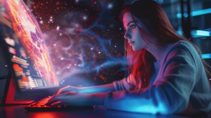 Aufkleber - Digital technology, internet network connection, big data, digital marketing IoT internet of things. Woman using modern computer surfing internet futuristic metaverse, innovative technology background