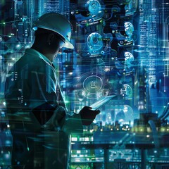 Leinwandbilder - Digital world smart city, engineer working with digital technology security control power energy and sustainable resource environment