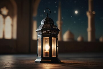 illustration of arabic lantern with blurry mosque background
