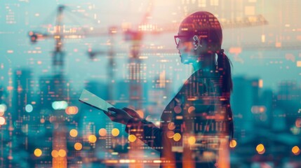 Aufkleber - Double exposure of businesswoman using tablet and technology global networking security information with innovation icon virtual screen,