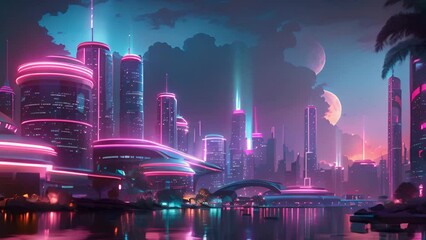Aufkleber - A cityscape filled with neon lights illuminating a futuristic city at night, showcasing tall buildings and bustling streets.