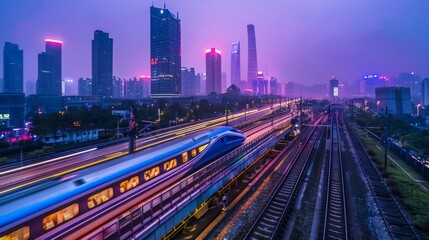 Poster - Dynamic shot of a high-speed train racing past a vibrant cityscape, a symbol of urban connectivity.