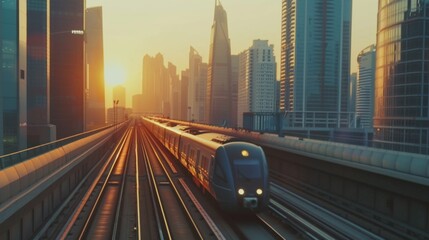 Poster - Dynamic shot of a high-speed train racing past a vibrant cityscape, a symbol of urban connectivity.