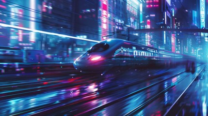 Poster - Dynamic shot of a high-speed train racing past a vibrant cityscape, a symbol of urban connectivity.