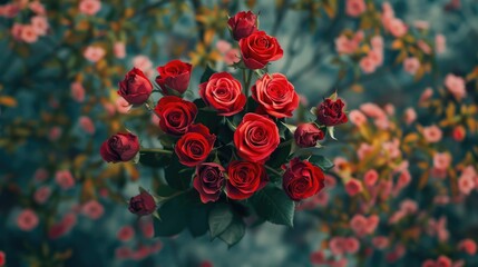 Canvas Print - A stunning aerial view of a vibrant bouquet of red roses set against a backdrop of spring blossoms perfect for celebrating special occasions like weddings International Women s Day Mother s