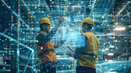 Poster - Engineer and Architect analyzing of under construction project with technology and new innovative on digital tablet and icon network of construction on virtual interface