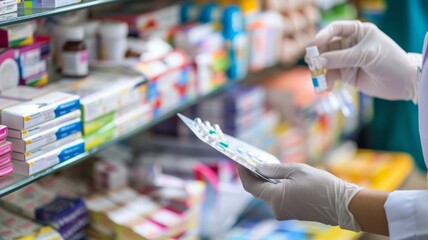 Pharmacist in sanitary gloves at a pharmacy filling perscriptions