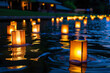 Experience the Traditional Floating Lantern Festival paper lanterns honoring departed spirits on dark water. 