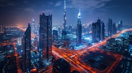 Fantastic rooftop view of a big modern city architecture at night with roads. Business bay, Dubai, United Arab Emirates.