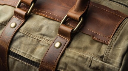 A closeup of a designer travel bag with a combination of leather and canvas featuring sy handles and multiple pockets illustrating the durability and practicality of mens accessories