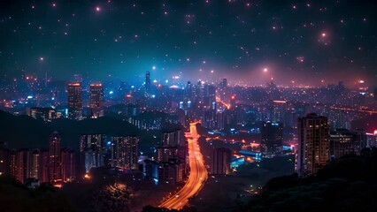 Poster - Urban skyline glowing with lights beneath a celestial blanket.
