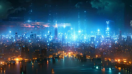 Poster - Dazzling city lights of a futuristic skyline at night with reflections.