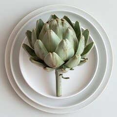 Sticker - Photo of artichoke on white plates, aerial view, top down perspective, on an all-white background. 