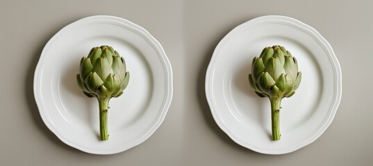 Wall Mural - An overhead photograph displaying artichokes arranged on white plates against an all-white background, captured from a top-down perspective, ideal for food photography.