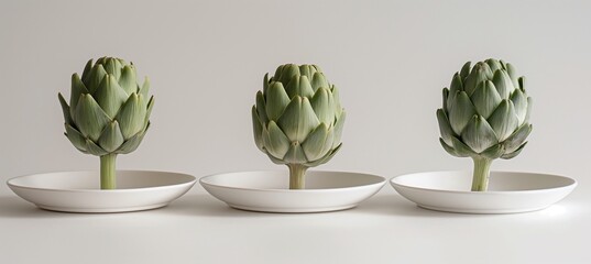 Poster - An overhead photograph displaying artichokes arranged on white plates against an all-white background, captured from a top-down perspective, ideal for food photography.