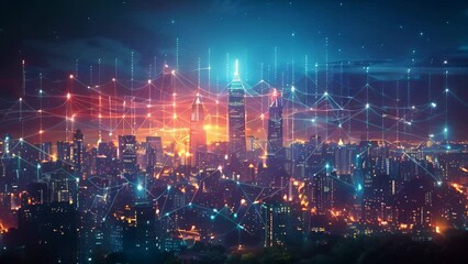 Poster - A dazzling smart city skyline at dusk with overlaying digital network graphics.