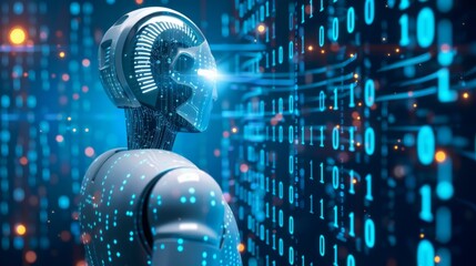 Fototapete - icons and binary code, big data, coding Ai robot digital