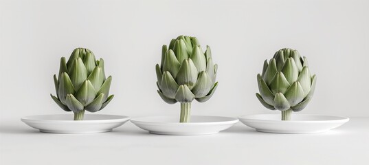 Wall Mural - A top-down view image showcasing artichokes presented on white plates against a seamless white background, perfect for food photography enthusiasts.