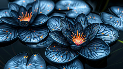 surrealism dark blue flowers with yellow pistil, looks like made from metal.