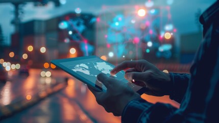 Fototapete - Innovation technology digital future of logistics freight transportation import export concept, Manager using tablet control online tracking