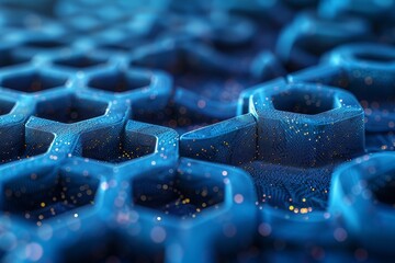 Poster - Close-up view of interconnected hexagonal shapes with blue and golden highlights, illustrating network concepts