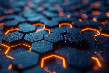 Poster - A mesmerizing display of illuminated hexagons with deep blue tones and subtle orange glows, suggesting advanced technology