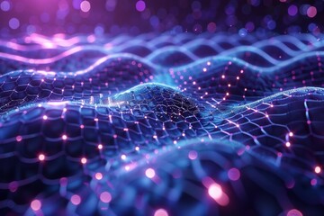 Fototapete - A visually stunning digital landscape featuring a network of lines and particles in a blend of pink and blue tones