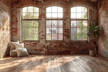 Poster - Interior of a loft room with large windows, sunlight, and an empty space surrounded by exposed brick walls, indicating potential and creativity