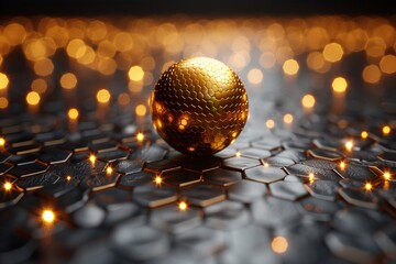 Poster - A golden sphere stands out on a honeycomb pattern with glowing edges, giving a futuristic and luxurious vibe