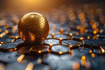 Poster - A golden sphere is central on a patterned hexagon terrain with soft lights, depicting innovation