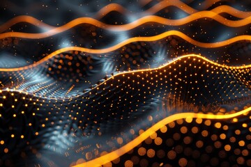 Fototapete - A stunning visual display with golden waves and particles creating a flowing motion representing connectivity and data flow